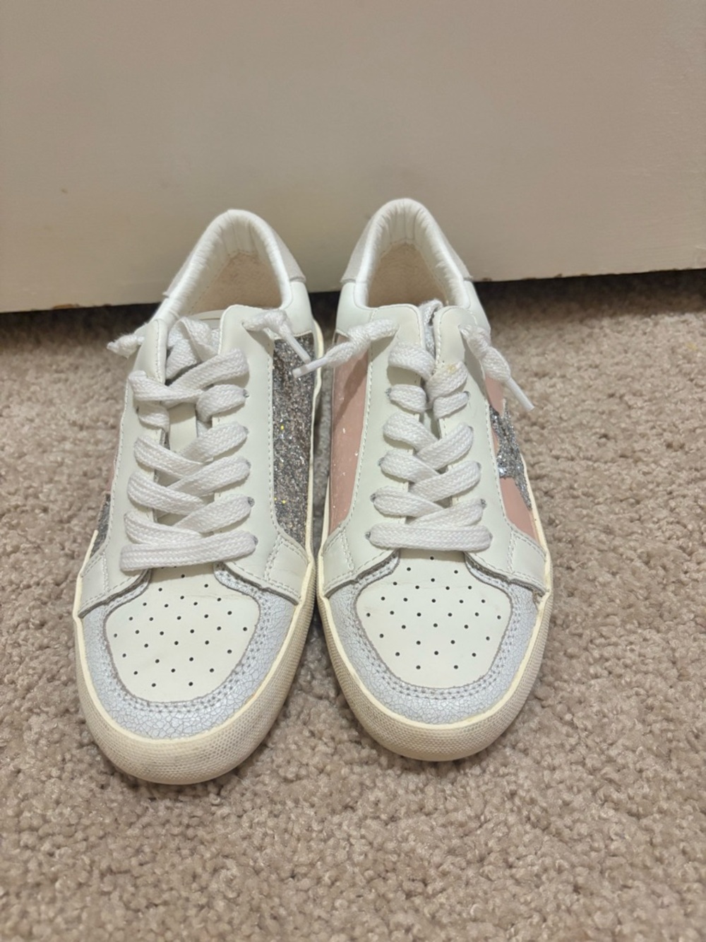 Vintage Havana White Sneakers with Pink Panels and Silver Glitter